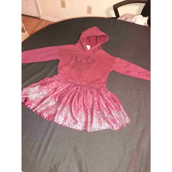 Girls 5T Disney Jr Minnie Mouse Burgandy Silver Metallic Stars Hooded Dress - Picture 1 of 5